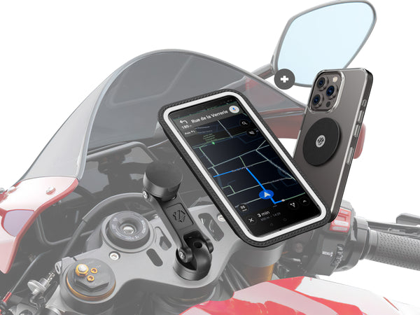 Support téléphone pour demi-guidon moto avec pochette et plaque, design robuste et orientable parfait pour trajets quotidiens ou road trip