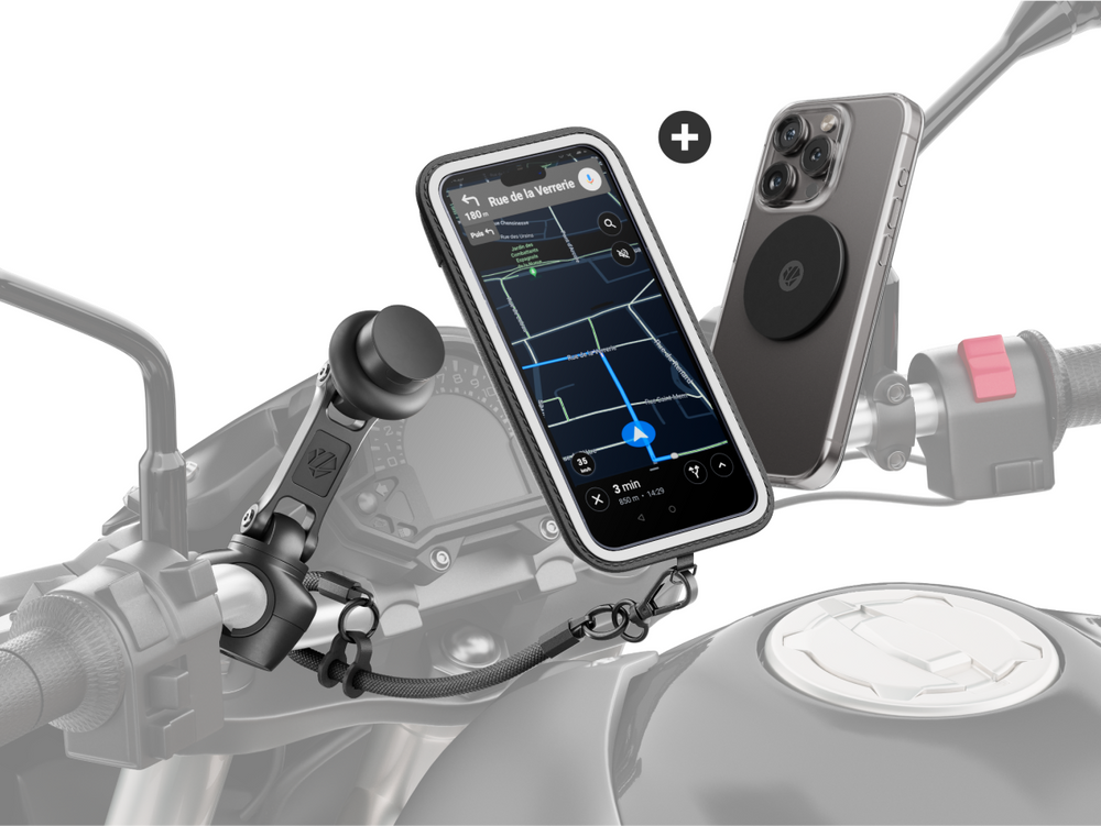 Support moto PRO BOOST avec pochette tactile et plaque métal, anti  vibration et cordon sécurité pour fixation solide