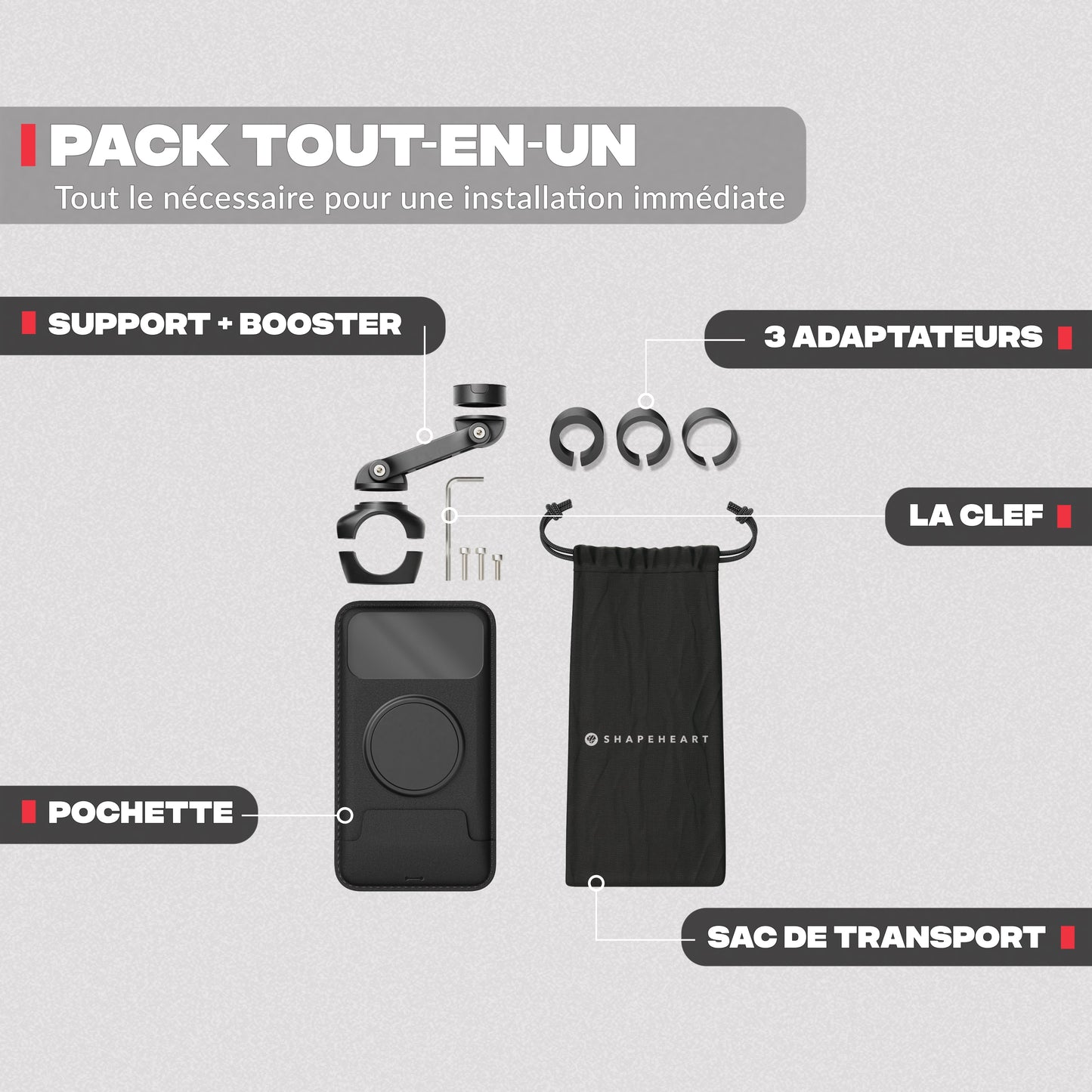 Packungsinhalt – Motorrad-Telefonhalterung PRO BOOST Shapeheart
