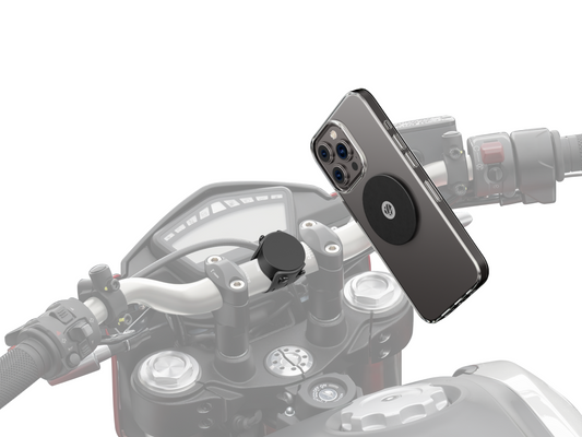 Support téléphone moto Shapeheart avec plaque métal - vue principale. Image présentant le support magnétique Shapeheart conçu pour une fixation pratique et robuste sur les guidons de moto.