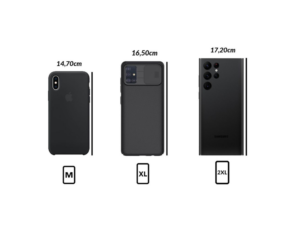 Comparatif des tailles de pochettes : M (14,7 cm), XL (16,5 cm), 2XL (17,2 cm), compatibles avec différents smartphones.