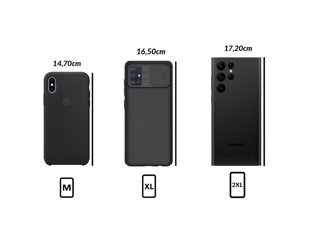 Taille M pour smartphone <14,7 cm. Taille XL entre 14,7 et 16,5 cm. Taille 2XL pour >16,5 à 17,2 cm avec coque
