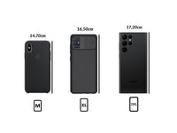 Taille M pour smartphone <14,7 cm. Taille XL entre 14,7 et 16,5 cm. Taille 2XL pour >16,5 à 17,2 cm avec coque